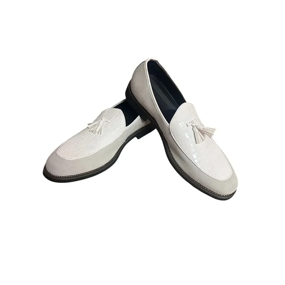 White Croc Suede Tassel Lug Leather Loafers Style AR 19015 NWOT Men's 10
